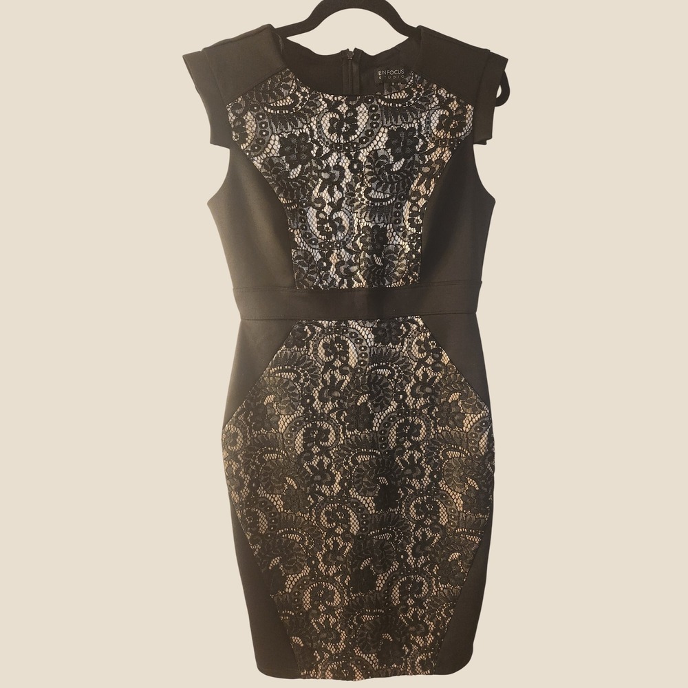 Enfocus Studio Black Lace Bodycon Dress Size 8 Coprorate Cocktail Wedding Guest